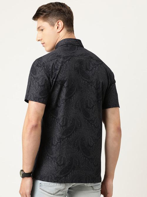 Men Black  White Cotton  Paisley Print Casual Shirt