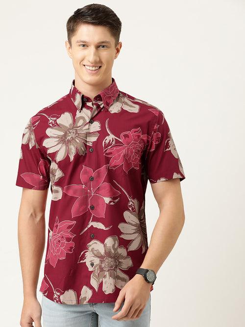 Maroon  Floral Print Half Sleeve Casual Shirt