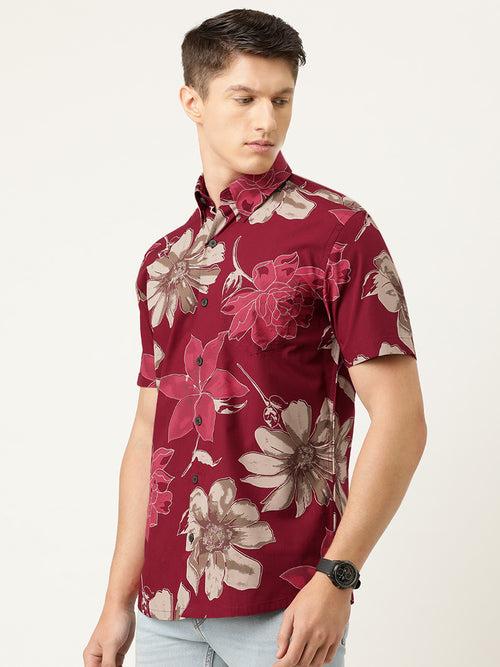 Maroon  Floral Print Half Sleeve Casual Shirt