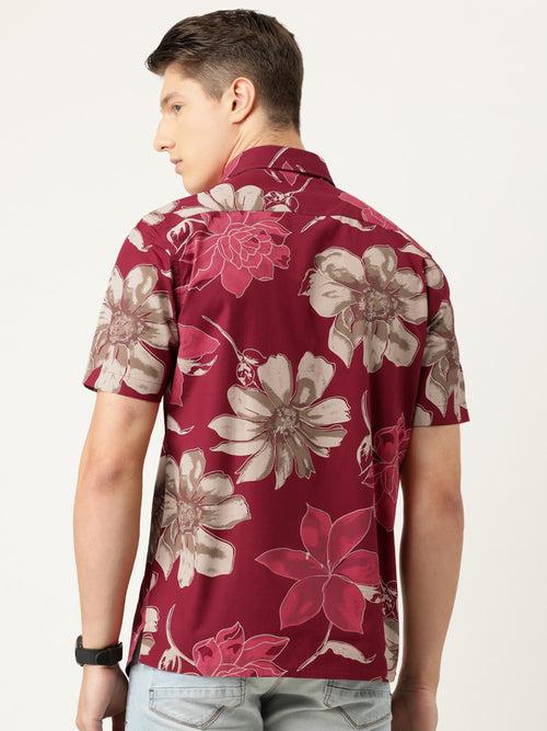 Maroon  Floral Print Half Sleeve Casual Shirt