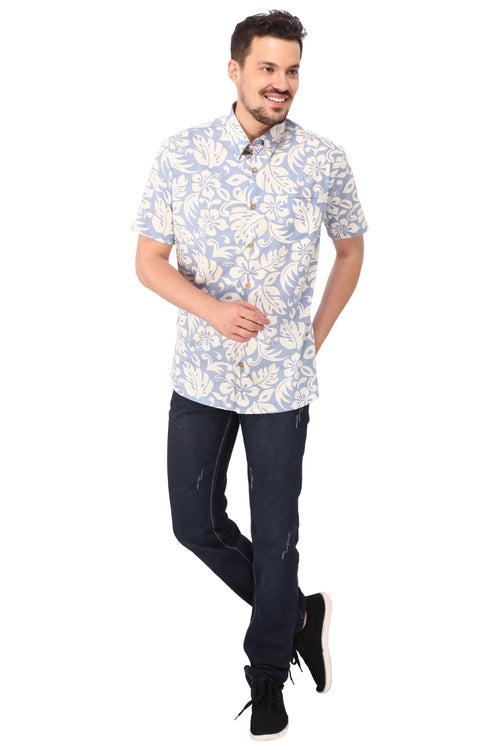 Blue Floral Printed Cotton Half Sleeve Shirt