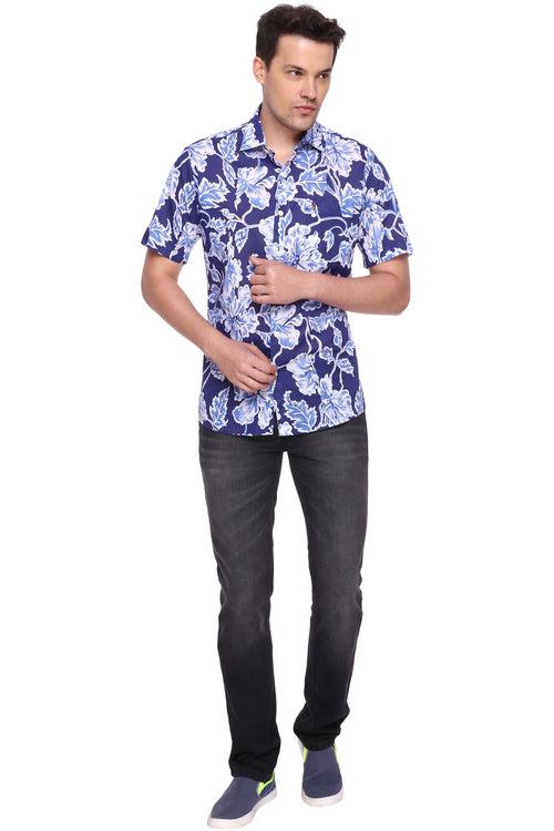 Blue Hawaiian Half Sleeve Cotton Printed Shirt