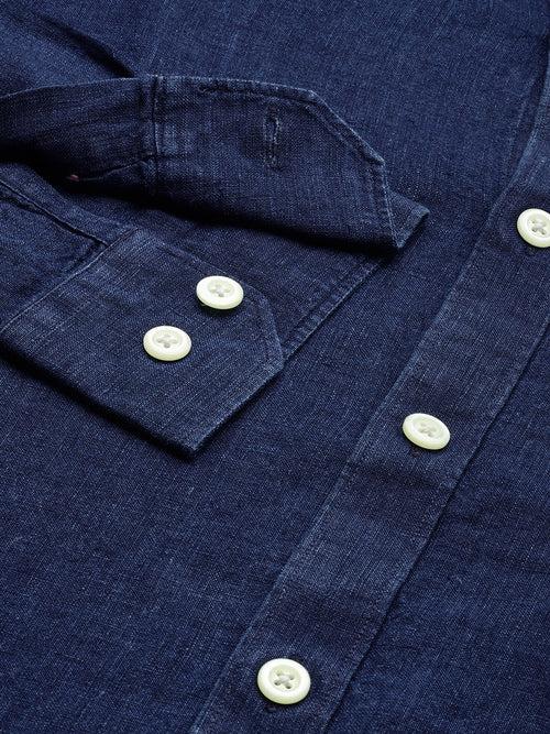 Blue Regular Fit Solid Casual Linen Shirt
