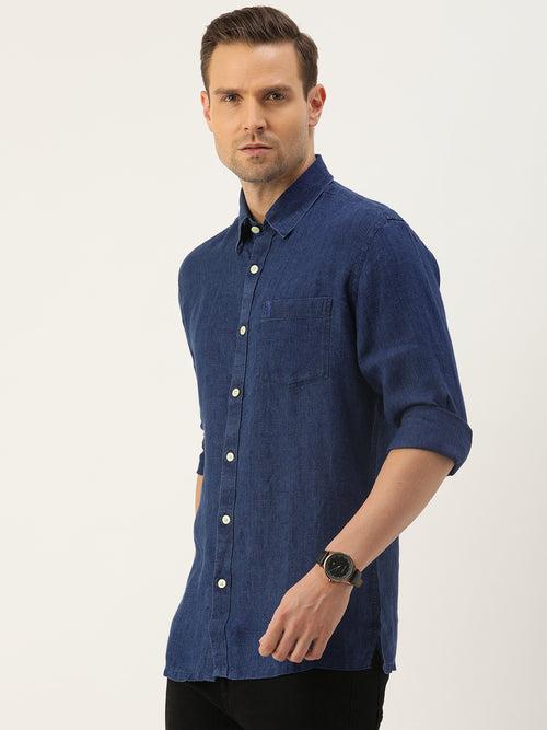 Blue Regular Fit Solid Casual Linen Shirt