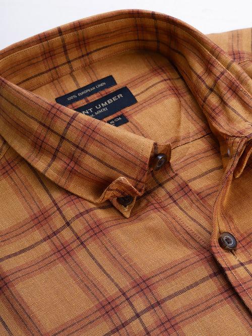 Orange  Brown Pure European Linen Slim Fit Checked Casual Shirt