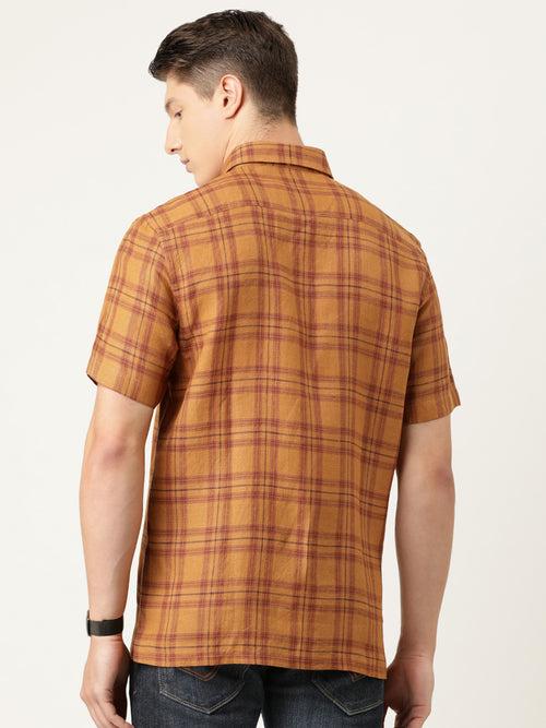 Orange  Brown Pure European Linen Slim Fit Checked Casual Shirt