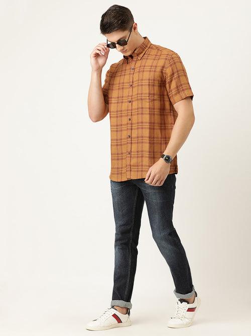 Orange  Brown Pure European Linen Slim Fit Checked Casual Shirt