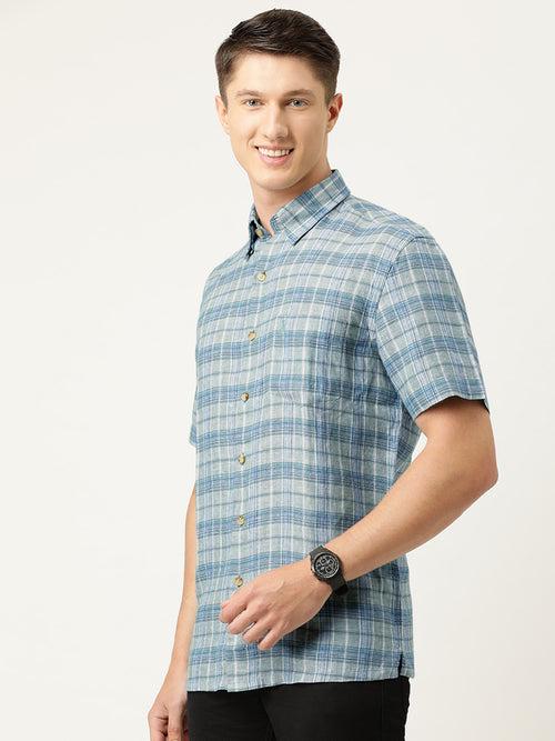 Taupe  Blue Slim Fit Checked Casual Shirt