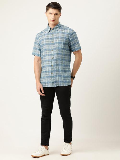 Taupe  Blue Slim Fit Checked Casual Shirt
