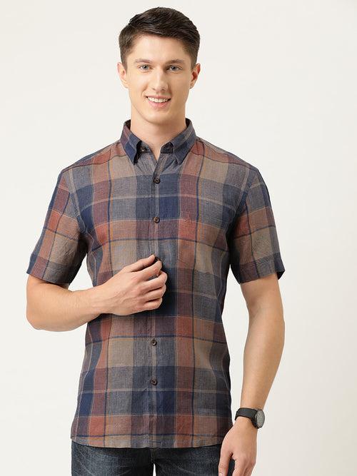 Navy Blue  Rust Red Checked Pure Linen Casual Shirt