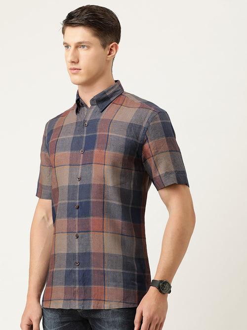 Navy Blue  Rust Red Checked Pure Linen Casual Shirt