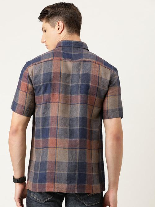 Navy Blue  Rust Red Checked Pure Linen Casual Shirt