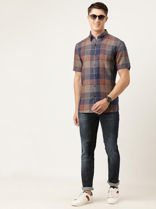 Navy Blue  Rust Red Checked Pure Linen Casual Shirt