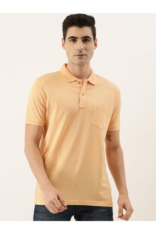 Peach-Coloured Solid Polo Collar Pure Cotton T-shirt