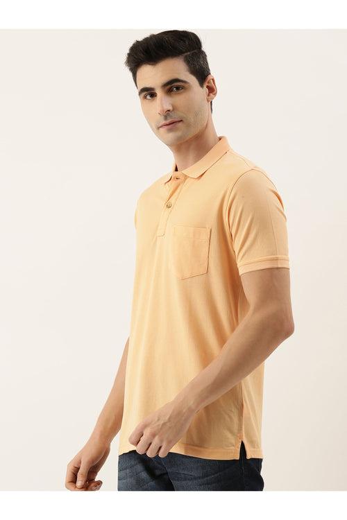 Peach-Coloured Solid Polo Collar Pure Cotton T-shirt