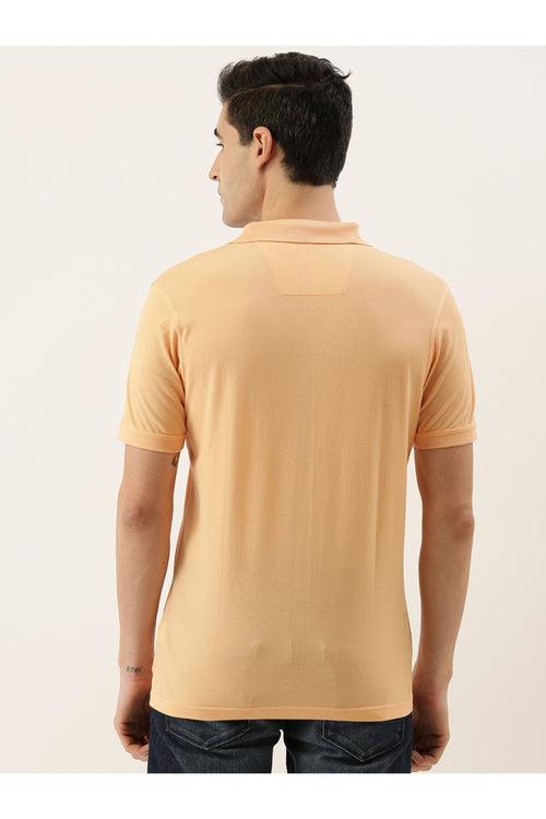 Peach-Coloured Solid Polo Collar Pure Cotton T-shirt
