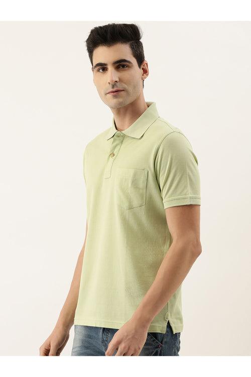 Green Solid Polo Collar Pure Cotton T-shirt