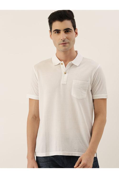 White Solid Polo Collar Pure Cotton T-shirt