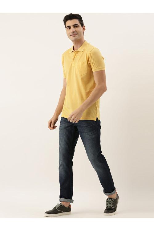 Yellow Solid Polo Collar Pure Cotton T-shirt