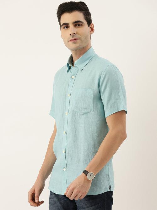 Aqua Solid Half Sleeves Linen Shirt