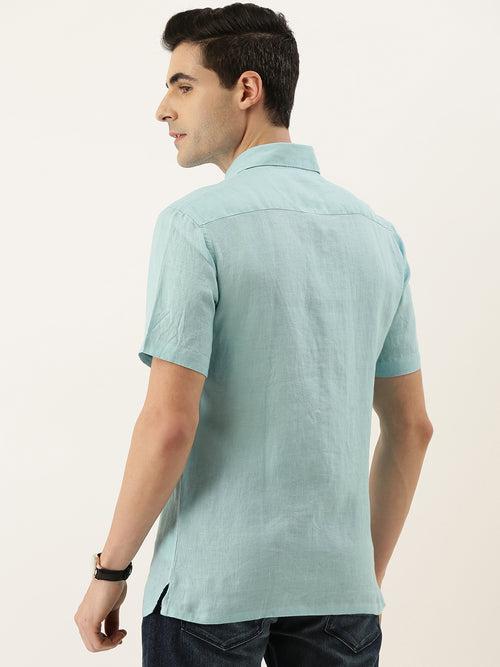 Aqua Solid Half Sleeves Linen Shirt