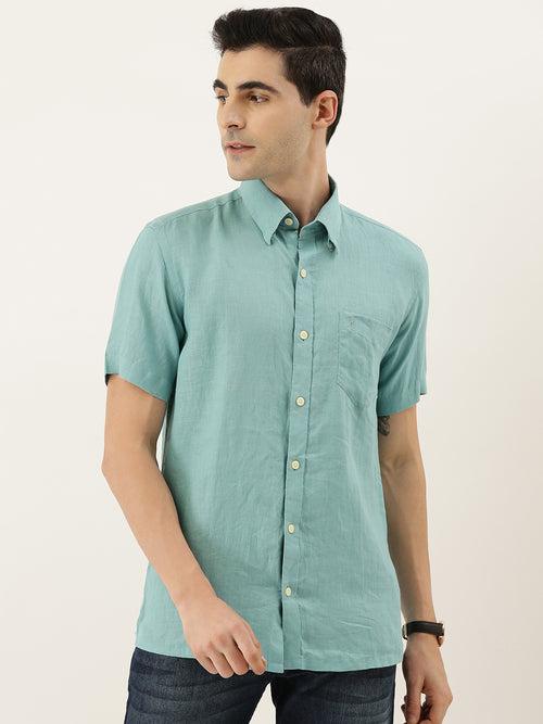 Turquoise  Blue Linen Solid Sleeves Shirt