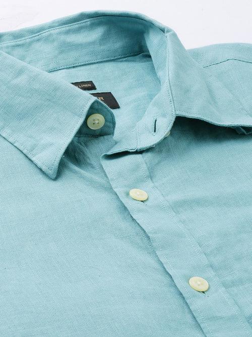 Turquoise  Blue Linen Solid Sleeves Shirt