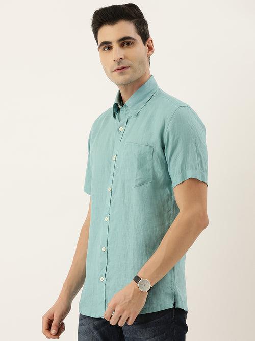 Turquoise  Blue Linen Solid Sleeves Shirt