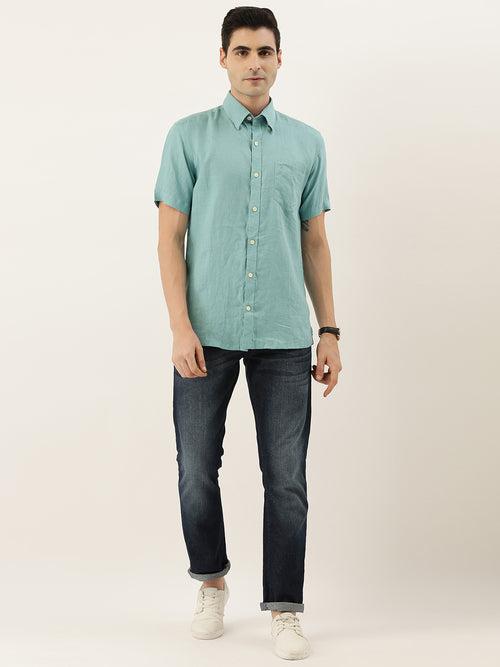 Turquoise  Blue Linen Solid Sleeves Shirt