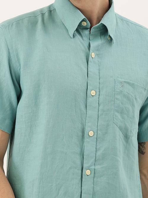 Turquoise  Blue Linen Solid Sleeves Shirt