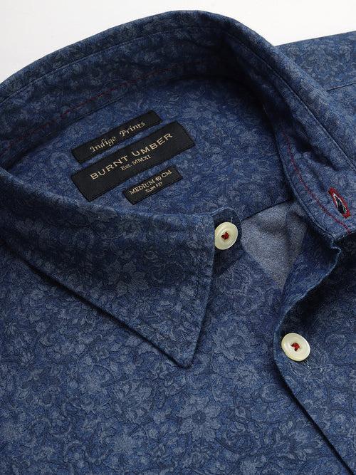 Navy Blue Pure Cotton Chambray Slim Fit Floral Printed Casual Shirt