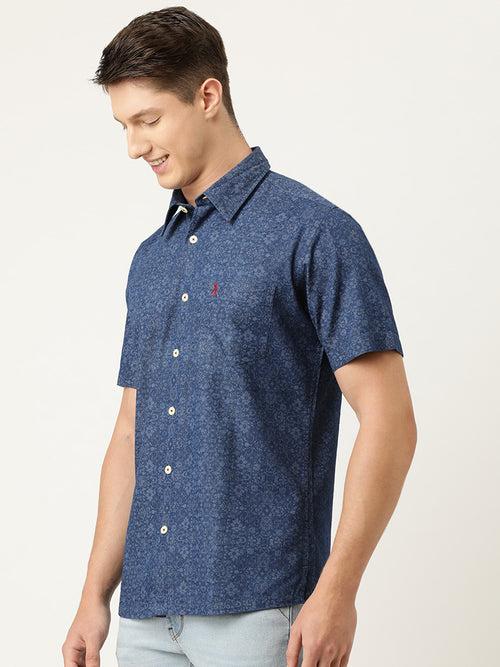 Navy Blue Pure Cotton Chambray Slim Fit Floral Printed Casual Shirt