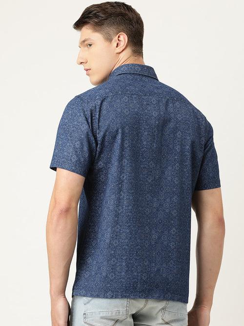 Navy Blue Pure Cotton Chambray Slim Fit Floral Printed Casual Shirt