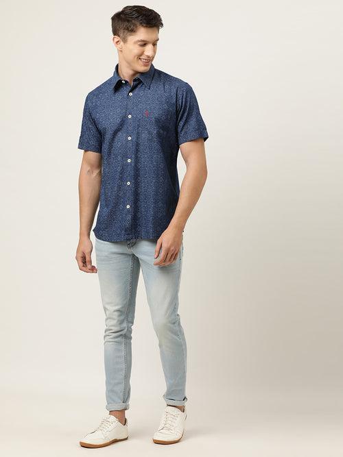 Navy Blue Pure Cotton Chambray Slim Fit Floral Printed Casual Shirt