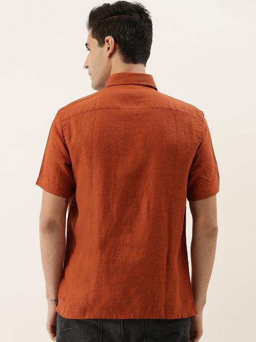 Orange Linen Solid Half Sleeve Shirt