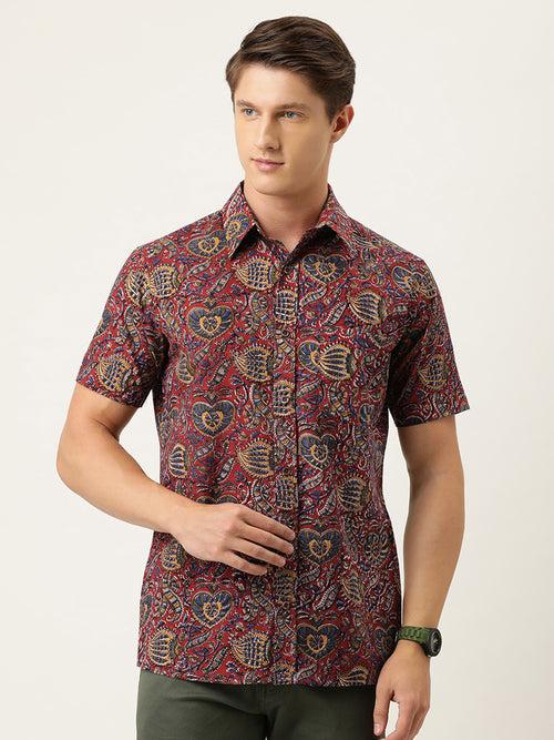 Red Floral Hand Block Printed Half Sleeve Shirt