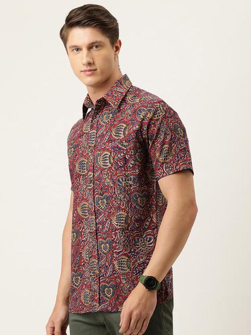 Red Floral Hand Block Printed Half Sleeve Shirt