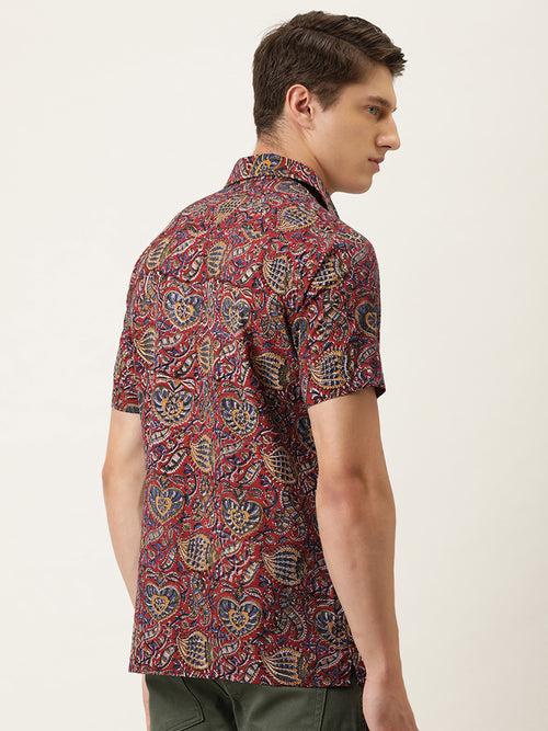 Red Floral Hand Block Printed Half Sleeve Shirt