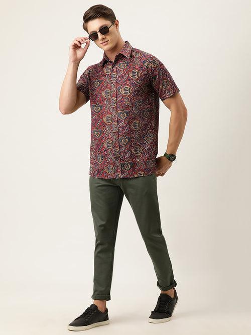 Red Floral Hand Block Printed Half Sleeve Shirt