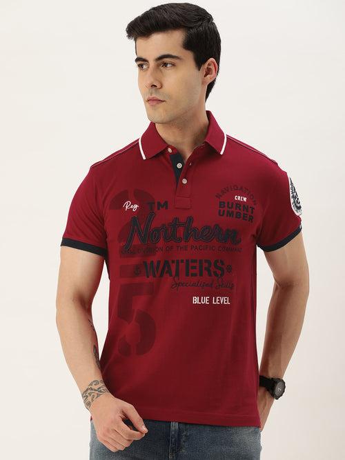 Red Typography Printed Polo Collar T-shirt