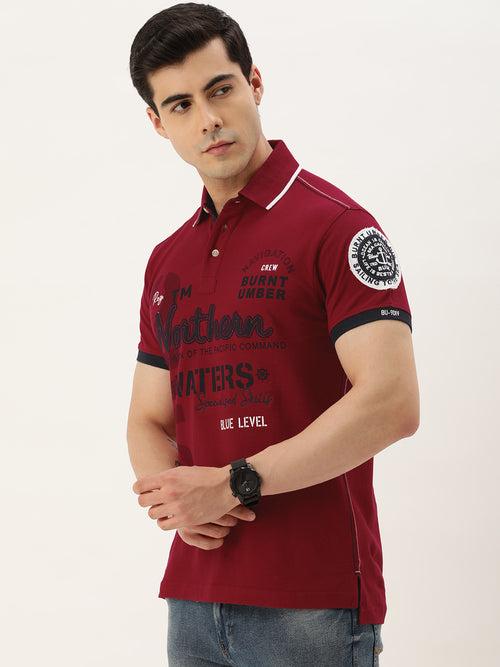 Red Typography Printed Polo Collar T-shirt