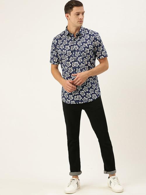 Navy Blue  White Pure Cotton Slim Fit Floral Printed Casual Shirt
