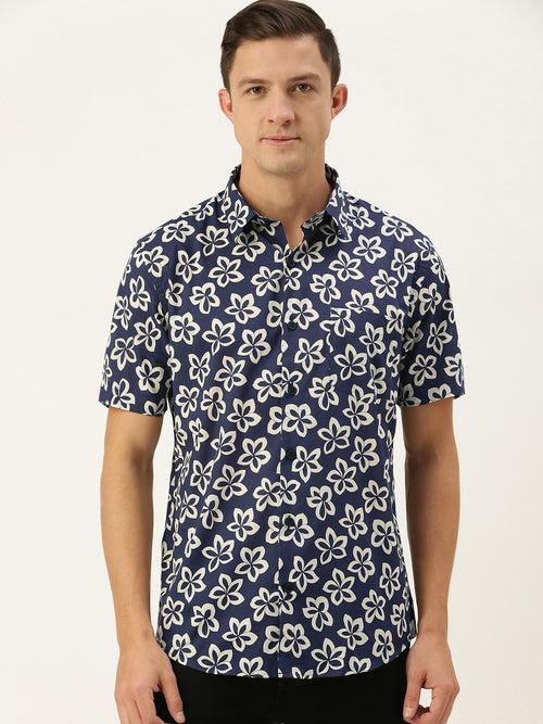 Navy Blue  White Pure Cotton Slim Fit Floral Printed Casual Shirt