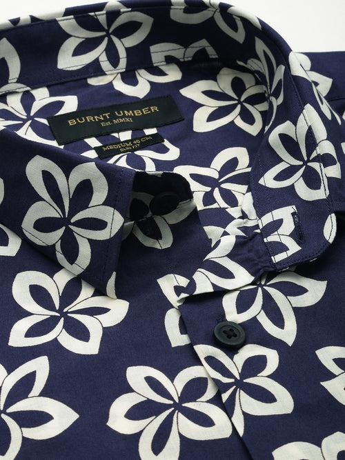 Navy Blue  White Pure Cotton Slim Fit Floral Printed Casual Shirt