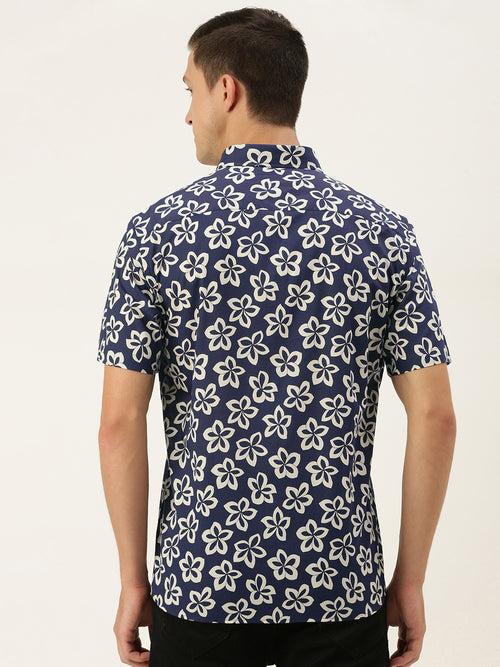 Navy Blue  White Pure Cotton Slim Fit Floral Printed Casual Shirt