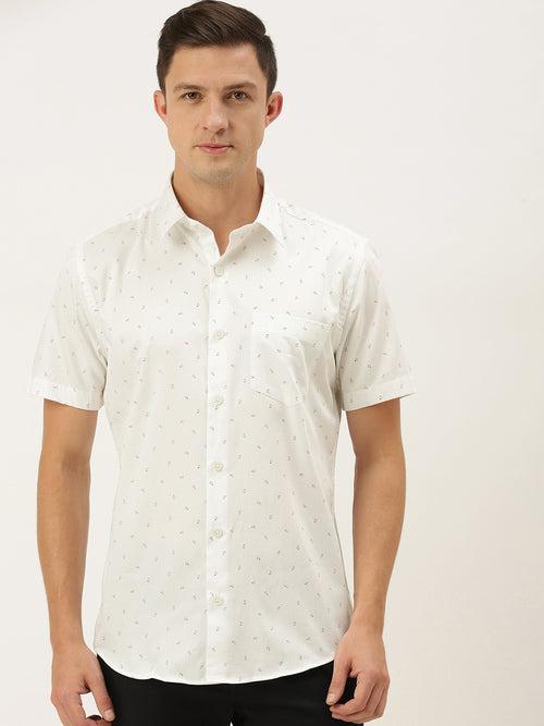 White  Red Pure Cotton Slim Fit Printed Casual Shirt