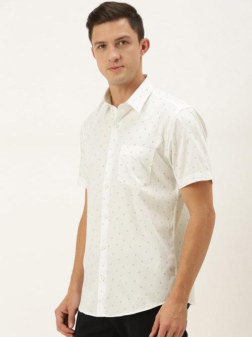 White  Red Pure Cotton Slim Fit Printed Casual Shirt