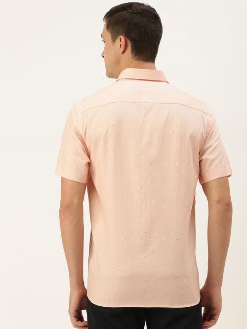 Peach - Coloured  White Pure Cotton Slim Fit Printed Casual Shirt