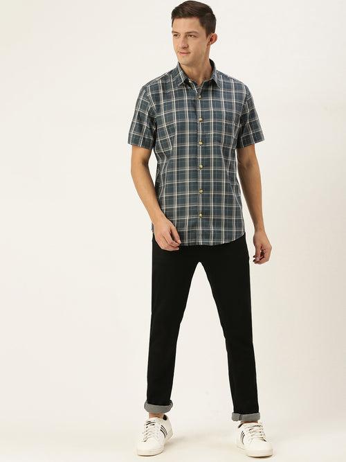 Navy Blue  White Pure Cotton Slim Fit Tartan Checked Casual Shirt