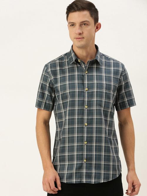 Navy Blue  White Pure Cotton Slim Fit Tartan Checked Casual Shirt